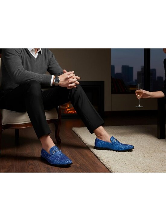 Metrocharm Men\'s Blue Glitter Rubber Velvet Loafers Gold Buckle Slip On Shoes main image 7